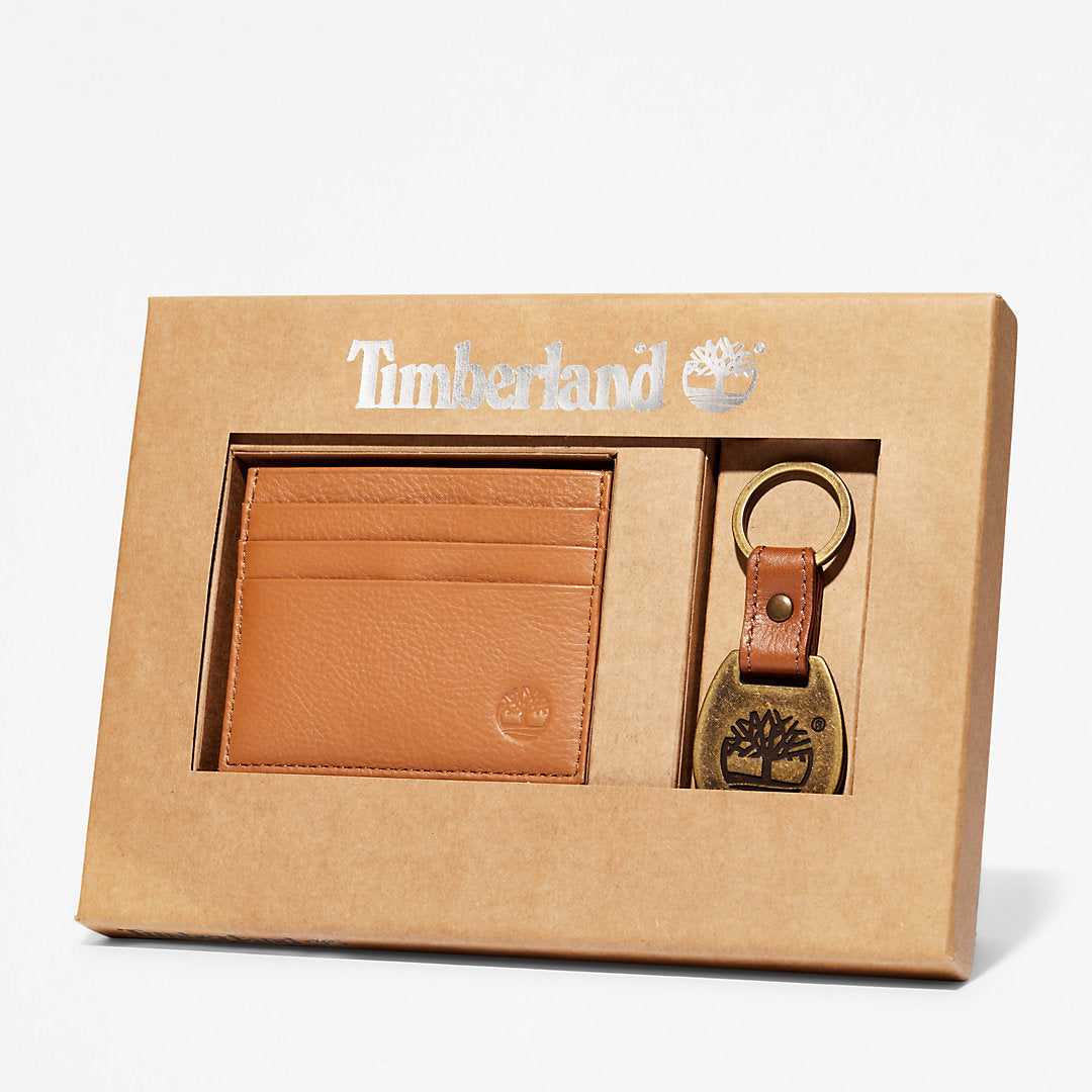 Mens Timberland Leather Card Holder & Keyring Gift Set in Brown