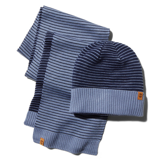Mens Timberland Ottoman-Rib Beanie and Scarf Gift Set for Men in Blue